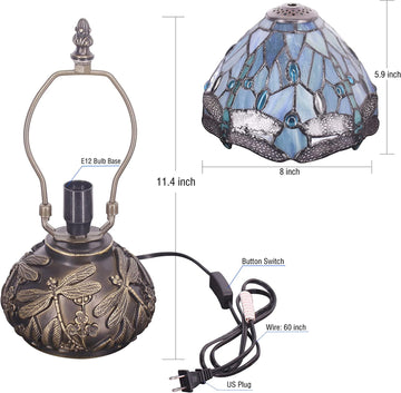 Werfactory® Rustic Tiffany Style Night Light with 8" Sea Blue Stained Glass Dragonfly Shade, 11"